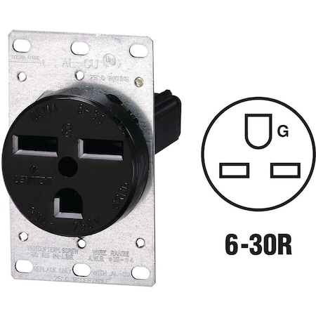 Leviton Straight Blade Receptacle, 6-30R, 30 A, 250V AC, 2 Pole, 3 Wire, Flush Mount, Grounded R10-05372-S00